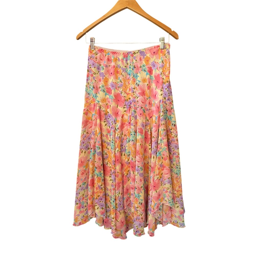 Vintage Y2K Floral Midi Skirt Drop Waist Handkerchief Hem Small Boho Fairycore